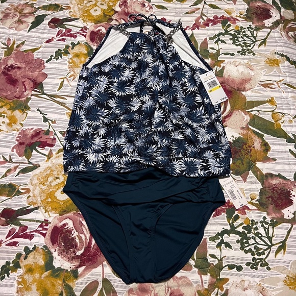 MICHAEL Michael Kors Blouson High Neck Tankini Top - Palm Mix. - Picture 8 of 8